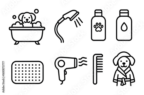 Pet Bathing Icons. Outline icon set of pet bathing routine: bath tub, water spray, shampoo, conditioner, bath