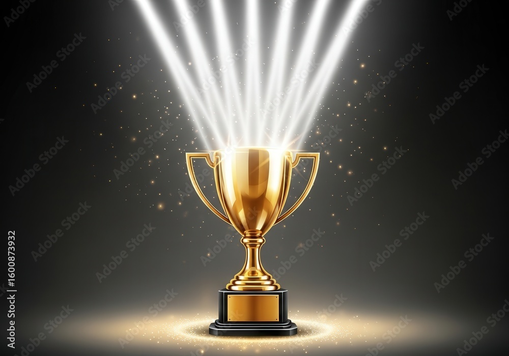 Golden trophy with illuminating spotlights and sparkling particles on dark background Golden trophy with illuminating spotlights and sparkling particles on dark background