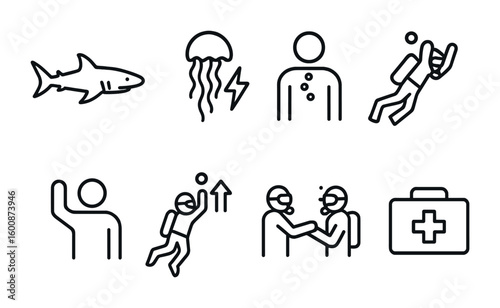 Diving Safety Icons. Outline icon set of diving hazards and safety: shark silhouette, jellyfish sting,
