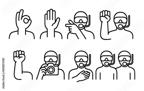 Diver Communication Icons. Outline icon set of diver communication signals: OK sign, stop sign, direction