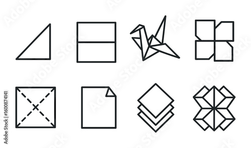 Geometric Origami Icons. Outline icon set of geometric origami and paper crafts: folded triangle, square base,
