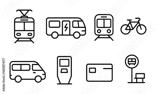 Public Transport Icons. Outline icon set of public transport options: tram, electric bus, subway train, bike