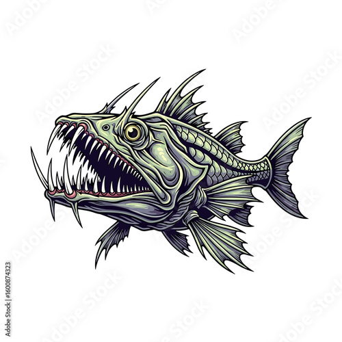 Illustration of a menacing fish with sharp teeth and spiky fins, depicted in a stylized, detailed manner.