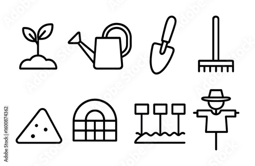 Vegetable Garden Icons. Outline icon set of vegetable garden: seedling, watering can, garden trowel, rake,