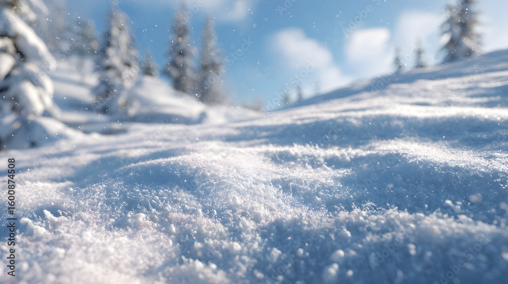 Obraz premium Snow covered surface texture fresh untouched powder background features pine trees and blue winter sky ground level wide shot soft lighting realistic seasonal texture