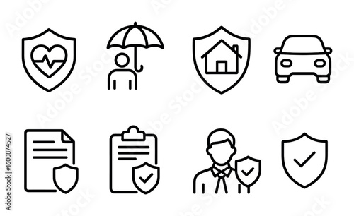 Insurance Icons Set. Outline icon set of insurance and protection: health insurance, life insurance, property