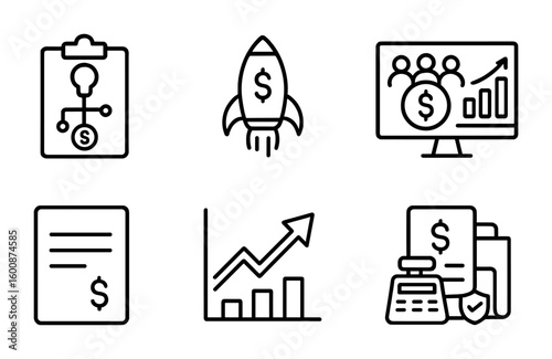 Entrepreneur Finance Icons. Outline icon set of entrepreneurship finance: business plan, startup capital,