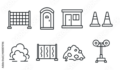 Construction Site Icons. Outline icon set of construction site environment: temporary fencing, portable toilet