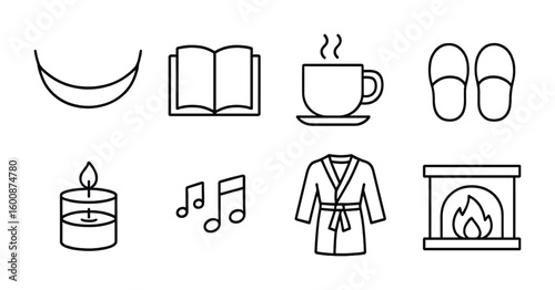 Weekend Relaxation Icons. Outline icon set of weekend relaxation: hammock, book, coffee cup, slippers, scented