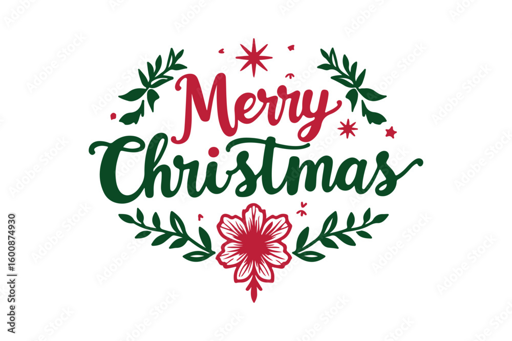Fototapeta premium Festive merry christmas greeting with holly and poinsettia
