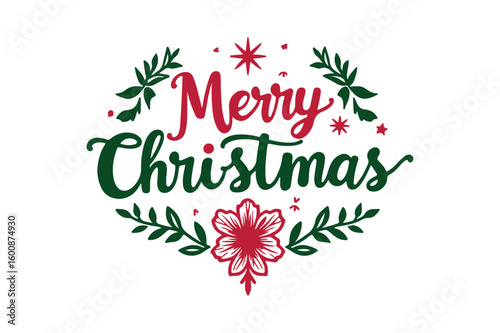 Festive merry christmas greeting with holly and poinsettia