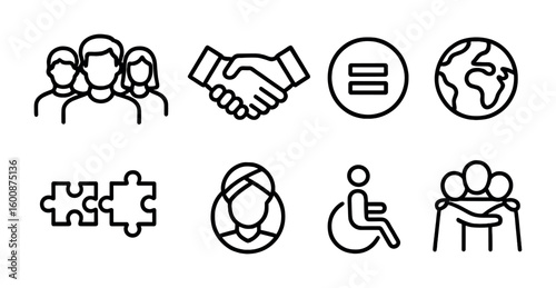 Diversity Icon Set. Outline icon set of workplace diversity and inclusion: diverse group, handshake, equality