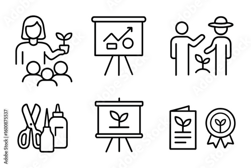 Educational Outreach Icons. Outline icon set of educational outreach for restoration: teacher, students,