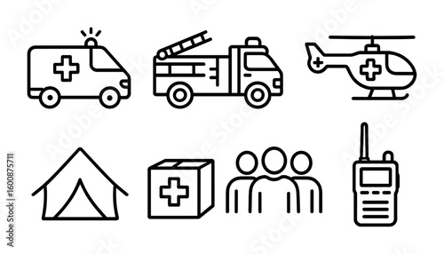 Emergency Response Icons. Outline icon set of emergency response and recovery: ambulance, fire truck, first