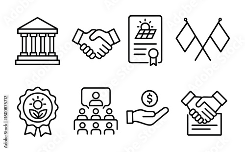 Clean Energy Icons. Outline icon set of clean energy policy and collaboration: government building, handshake,