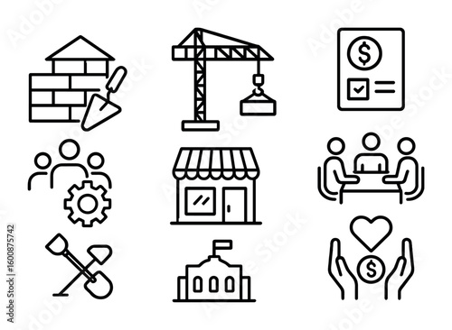 Economic Recovery Icons. Outline icon set of economic recovery efforts: rebuilding, construction crane, grant
