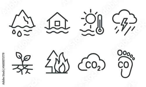 Climate Change Icons. Outline icon set of climate change and severe weather: melting glacier, rising sea