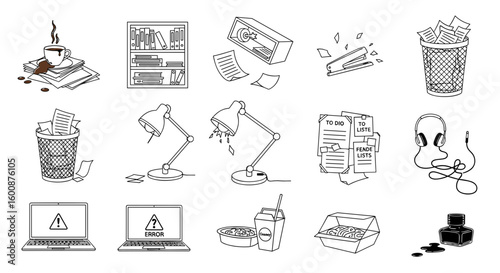 Outline illustration of a messy office desk with various items and office supplies scattered around it