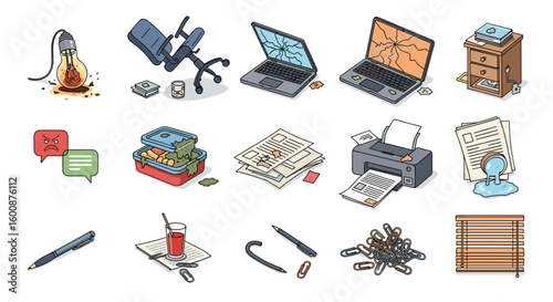 Isometric depiction of various office related objects in disarray and in a state of messiness