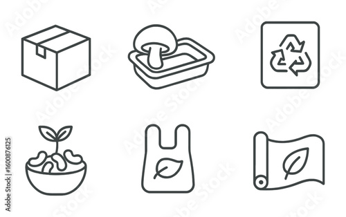 Eco-Friendly Packaging Icons. Outline icon set of green packaging solutions: kraft paper box, biodegradable