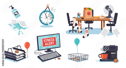 Illustration of a cluttered office space with stress alert on computer screen and broken clock showing time