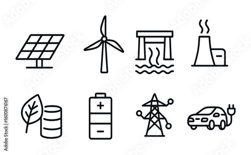 Renewable Energy Icons. Outline icon set of renewable energy technologies: solar panel, wind turbine,