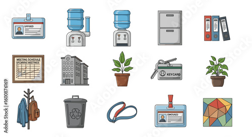 A collection of office related items including water coolers and office supplies on a white background