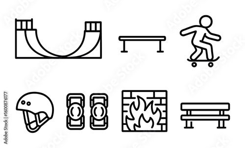 Urban Skate Icons. Outline icon set of skateboarding in an urban skate park: skateboard ramp, half pipe, grind