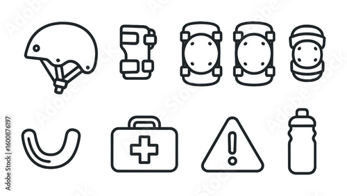 Skate Safety Gear Icons. Outline icon set of skateboarding safety equipment: helmet, wrist guards, knee pads,