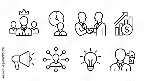 Entrepreneur Skills Icons. Outline icon set of entrepreneurship skills development: leadership, time