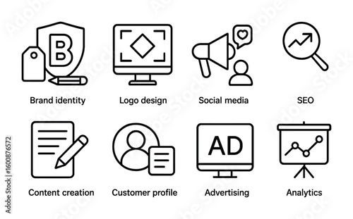 Marketing Icon Set. Outline icon set of marketing and branding: brand identity, logo design, social media