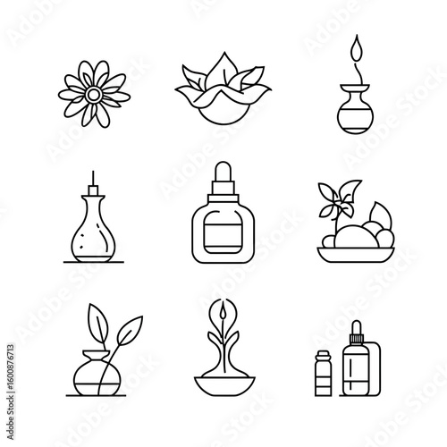 Set of nine minimalist line icons representing natural wellness and herbal therapy concepts including flowers, essential oil bottles, plant extracts, and alternative medicine symbols