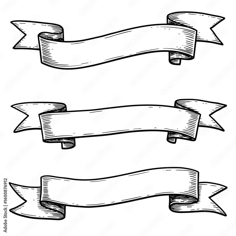 Coleção vintage de faixas retrô desenhadas à mão em fundo transparente – ilustração vetorial em preto e branco para design