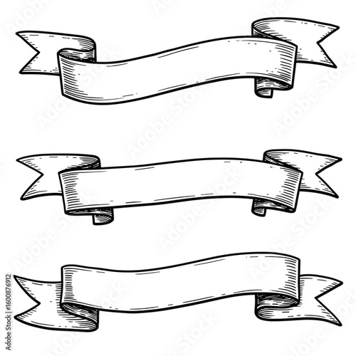Coleção vintage de faixas retrô desenhadas à mão em fundo transparente – ilustração vetorial em preto e branco para design
