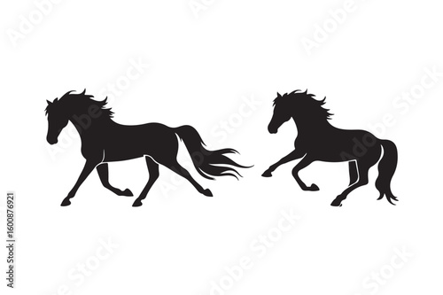 Two black horse silhouettes galloping on a white background