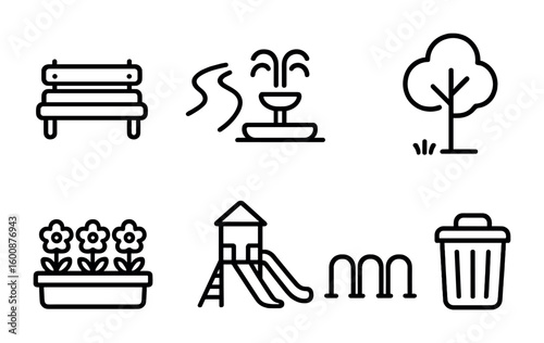 Green Park Icons. Outline icon set of green urban parks: park bench, walking path, fountain, tree, flower bed,