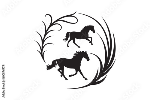 Elegant silhouette of two horses with decorative flourishes