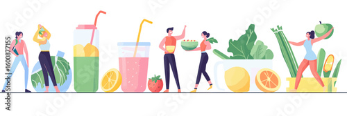Healthy lifestyle illustration with diverse people holding fresh vegetable salads and colorful fruit smoothies in flat minimalist style vector design