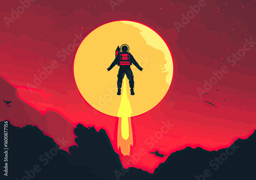Silhouette astronaut flying with jetpack rocket booster against large glowing moon and red sky over mountainous landscape vector illustration