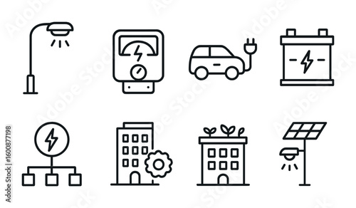Energy-Efficient Urban Icons. Outline icon set of energy-efficient urban systems: LED streetlights, smart