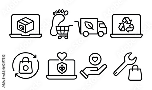 Sustainable Shopping Icons. Outline icon set of sustainability in digital shopping: eco packaging, carbon