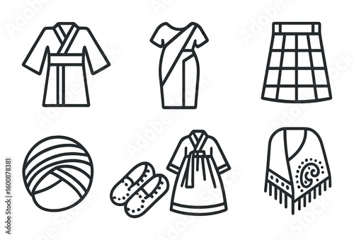 Traditional Clothing Icons. Outline icon set of traditional cultural clothing: kimono, sari, dashiki, kilt,