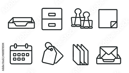 Mail Organization Icons. Outline icon set of mail organization: document tray, filing cabinet, binder clips,