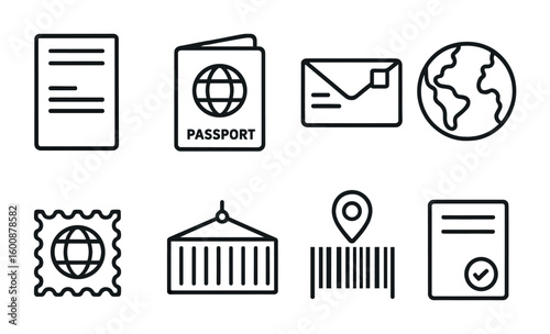 International Mail Icons. Outline icon set of international mail: customs declaration, passport, airmail
