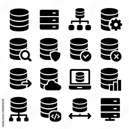 A comprehensive collection of database icons representing data management, storage solutions, and system architecture for tech professionals and developers