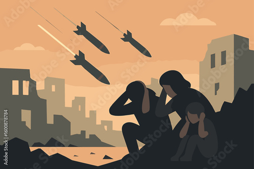 A devastating scene of conflict showcasing a family seeking shelter amidst bombardment in a war-torn landscape