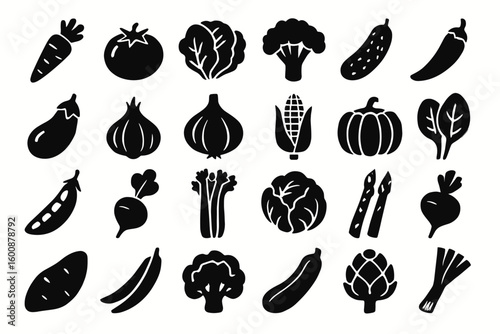 A diverse collection of fresh vegetables silhouettes including carrots, tomatoes, and broccoli for healthy living and nutritional designs