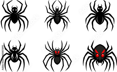 Creepy Black Spider Vector Set with Various Poses for Halloween and Insect Designs