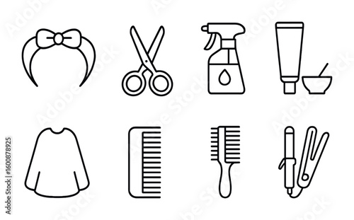Hairstyling Tools Icons. Outline icon set of professional hairstyling: cosmetic headband, scissors, spray