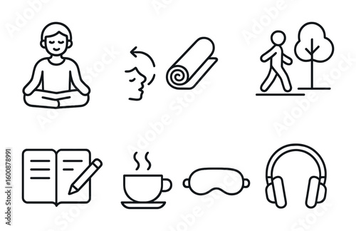 Stress Relief Icons. Outline icon set of simple ways to reduce stress: meditation, deep breathing, yoga mat,